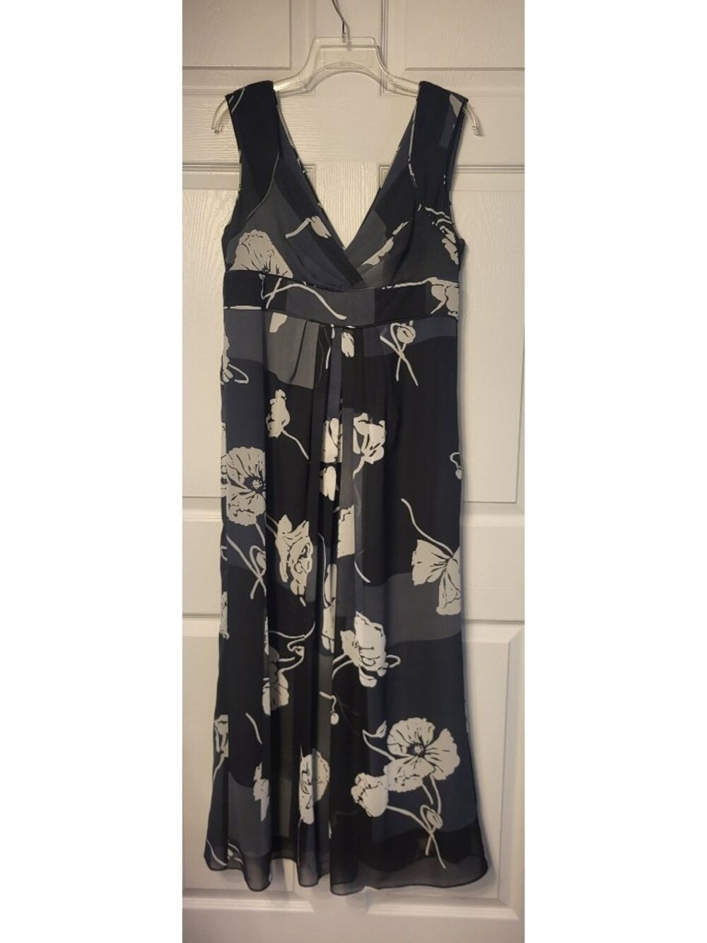 Coldwater Creek Black/White/Gray Empire Waist Floral Chiffon Maxi Dress SZ 14